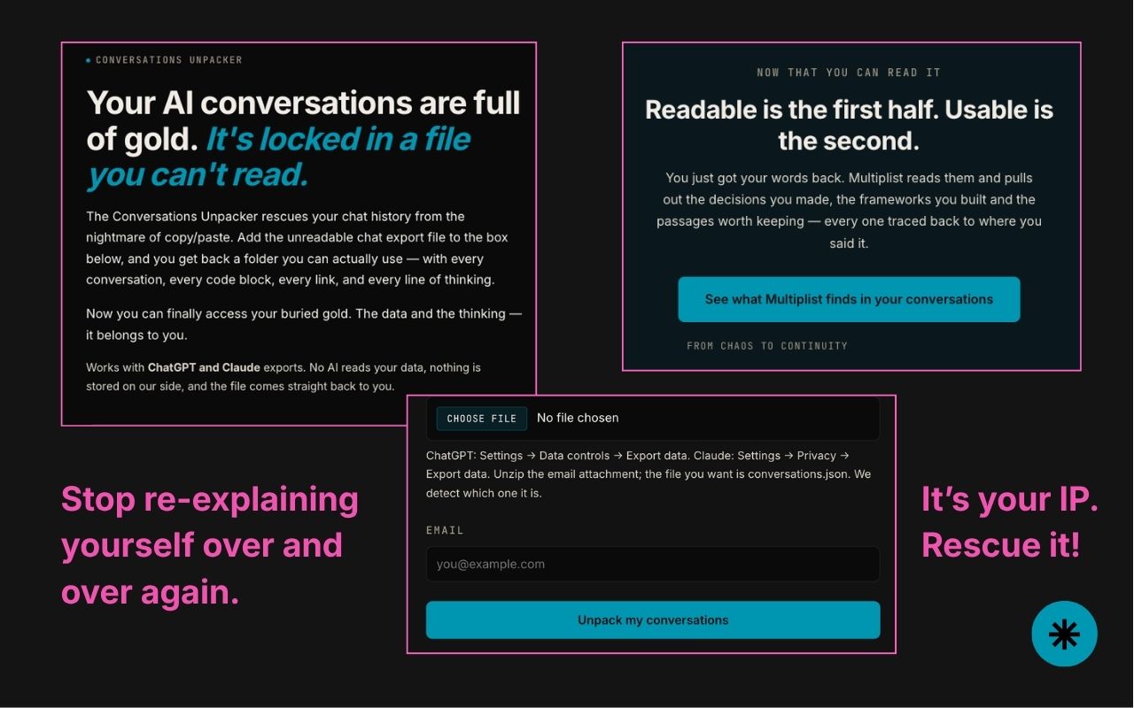 Conversations Unpacker preview showing extraction of decisions, frameworks, and quotes from export files