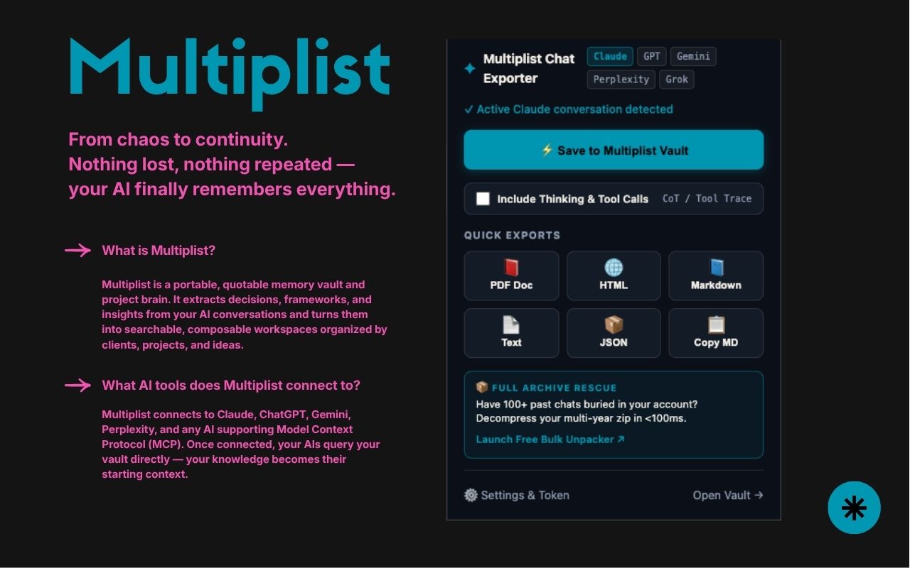 Multiplist Chat Exporter popup showing one-click export for Claude, ChatGPT, Gemini, and Markdown/PDF downloads