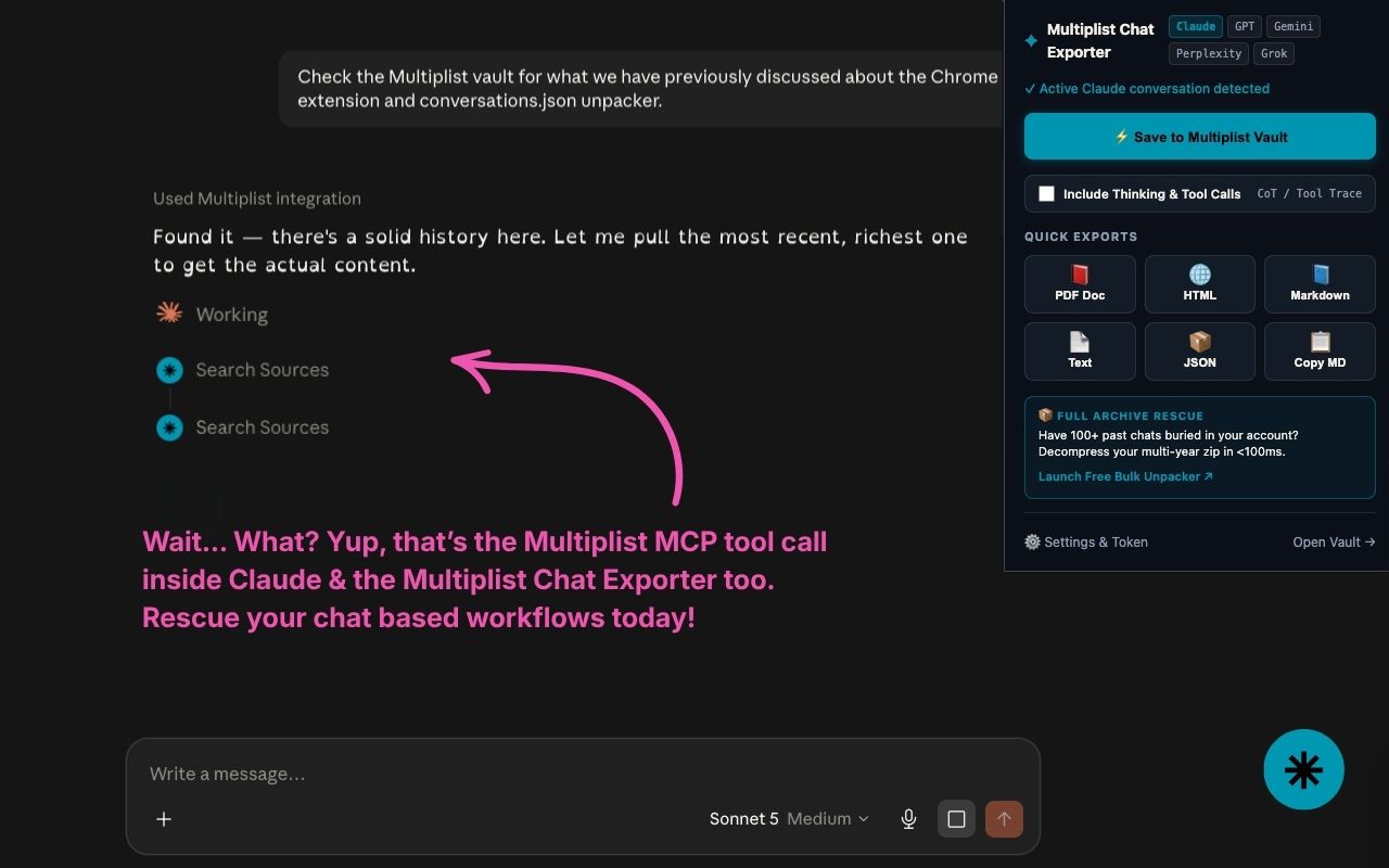 Claude using Multiplist MCP tool call to query memory vault and find previous decisions